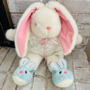 White Pink Ears Baby Bunny Rabbit PJ Blue Slipper Plush Lovey Stuffed Animal Vtg